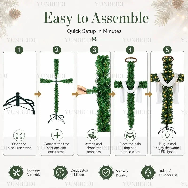 Cross-Shaped Artificial Christmas Tree with Metal Stand, 150 or 180 cm Green PVC Religious Holiday Decoration with Optional USB Lights