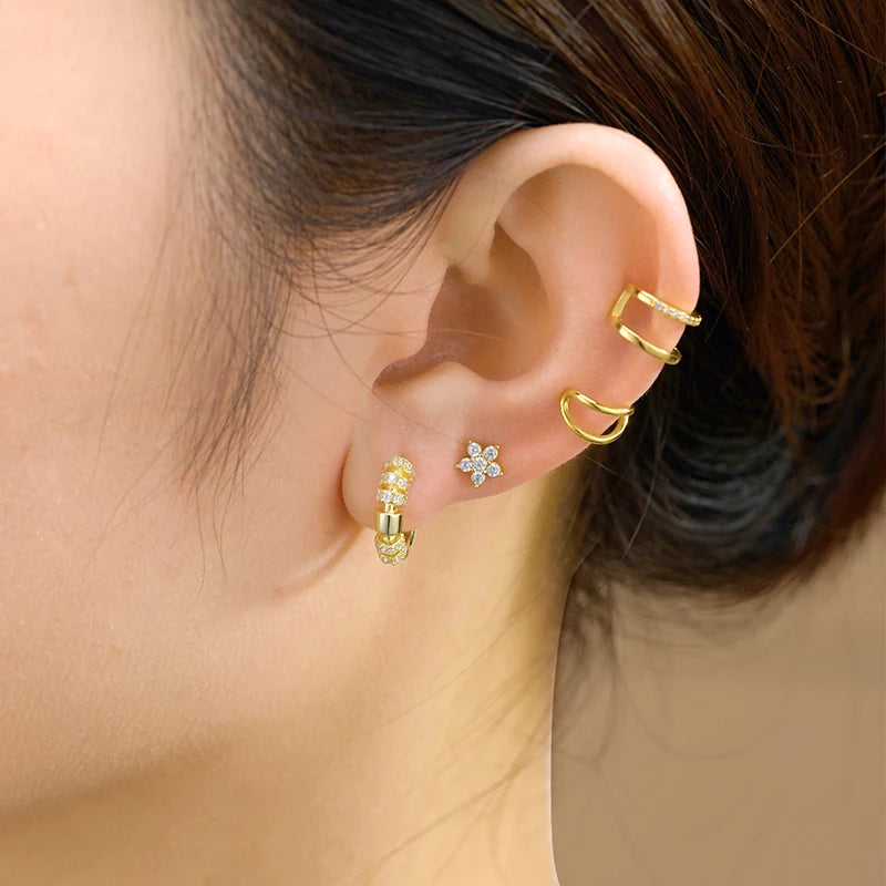 925 Sterling Silver Multi-Turn Hoop Earrings with White Zircon, Fashion Punk Jewelry for Women