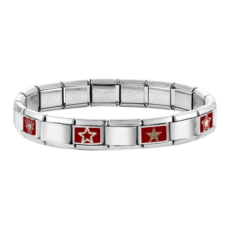 DIY Italian Charm Bracelet – Black & Red Cat Eye, Heart & Stripe Charms, 9mm Stainless Steel