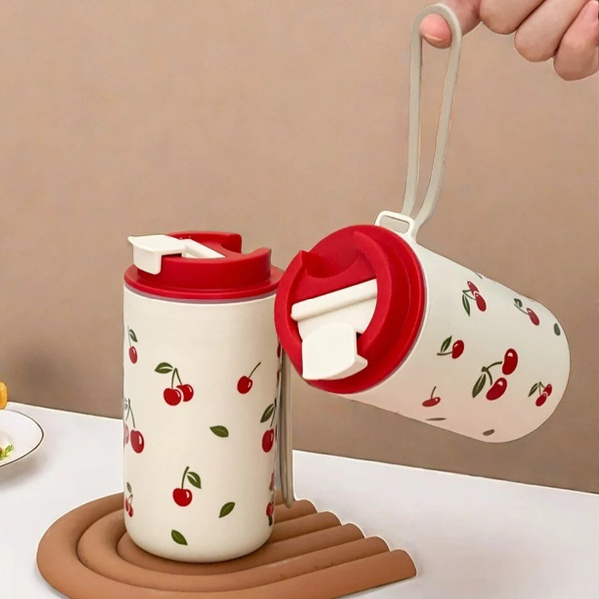 Cherry Pattern Plastic Tumbler Cup with Rope – 350–400ml Reusable Water, Coffee & Milk Mug