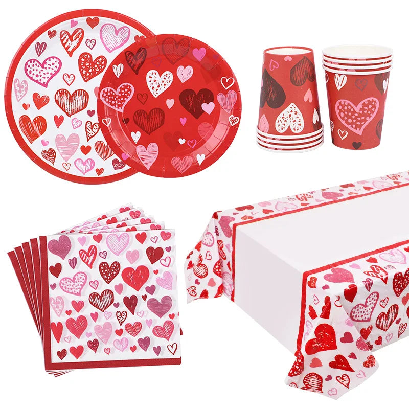 Love Heart Disposable Tableware Set – Paper Plates, Cups, Napkins & Tablecloth for Valentine’s Day, Wedding, Anniversary & Party Decor