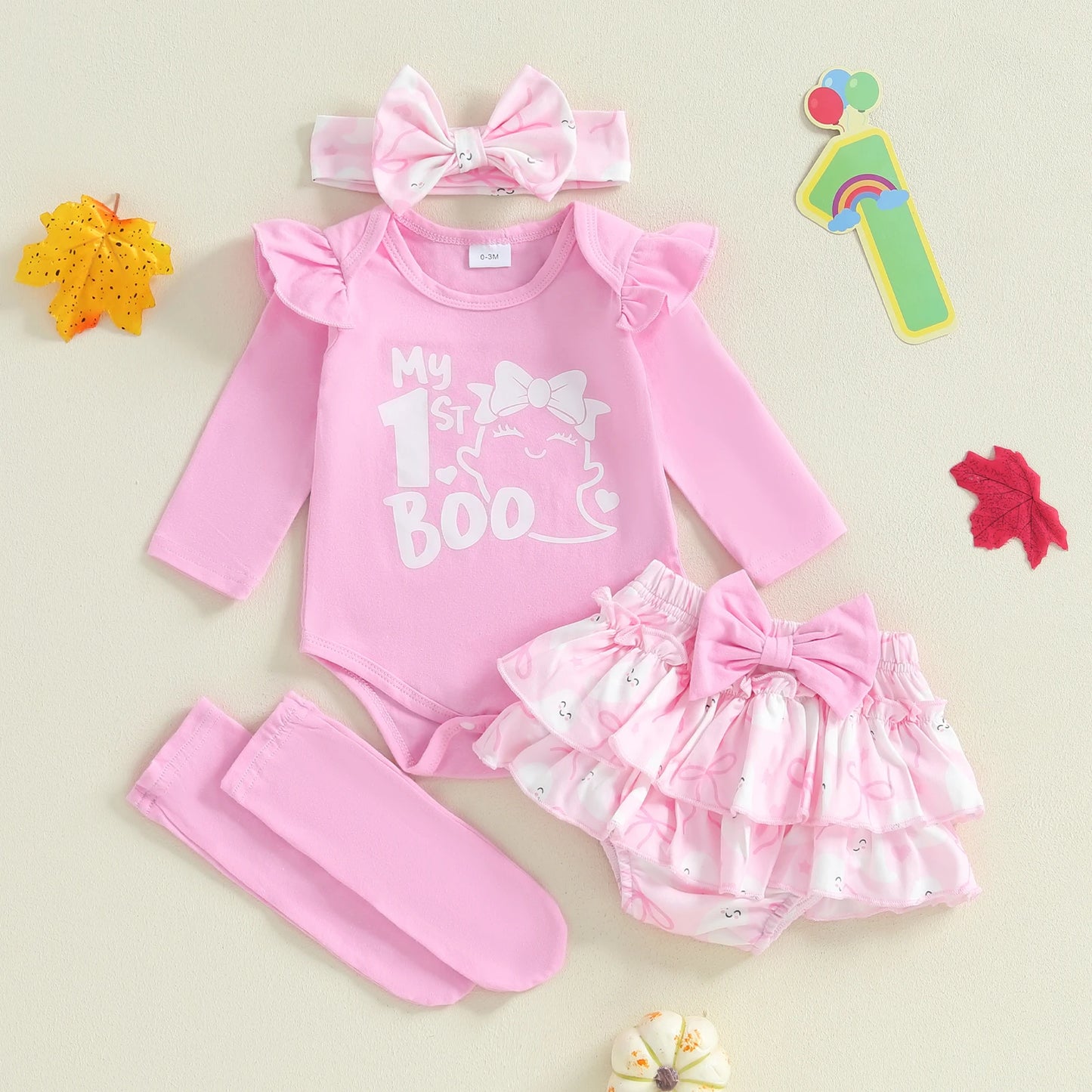 Baby Girls Halloween Outfit – Long Sleeve Romper, Ruffle Shorts, Headband & Socks Set