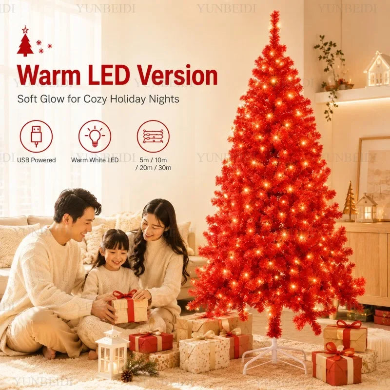 Red Artificial Christmas Tree, 120–240 cm PVC Holiday Tree with Optional Warm White USB LED Lights for Indoor Decorating
