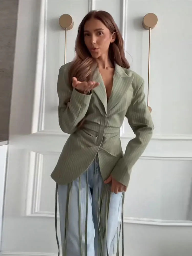 Women's Pinstripe Blazer Jacket with Padded Shoulders, Fitted Waist, Turn-Down Collar & Detachable Tassel Straps