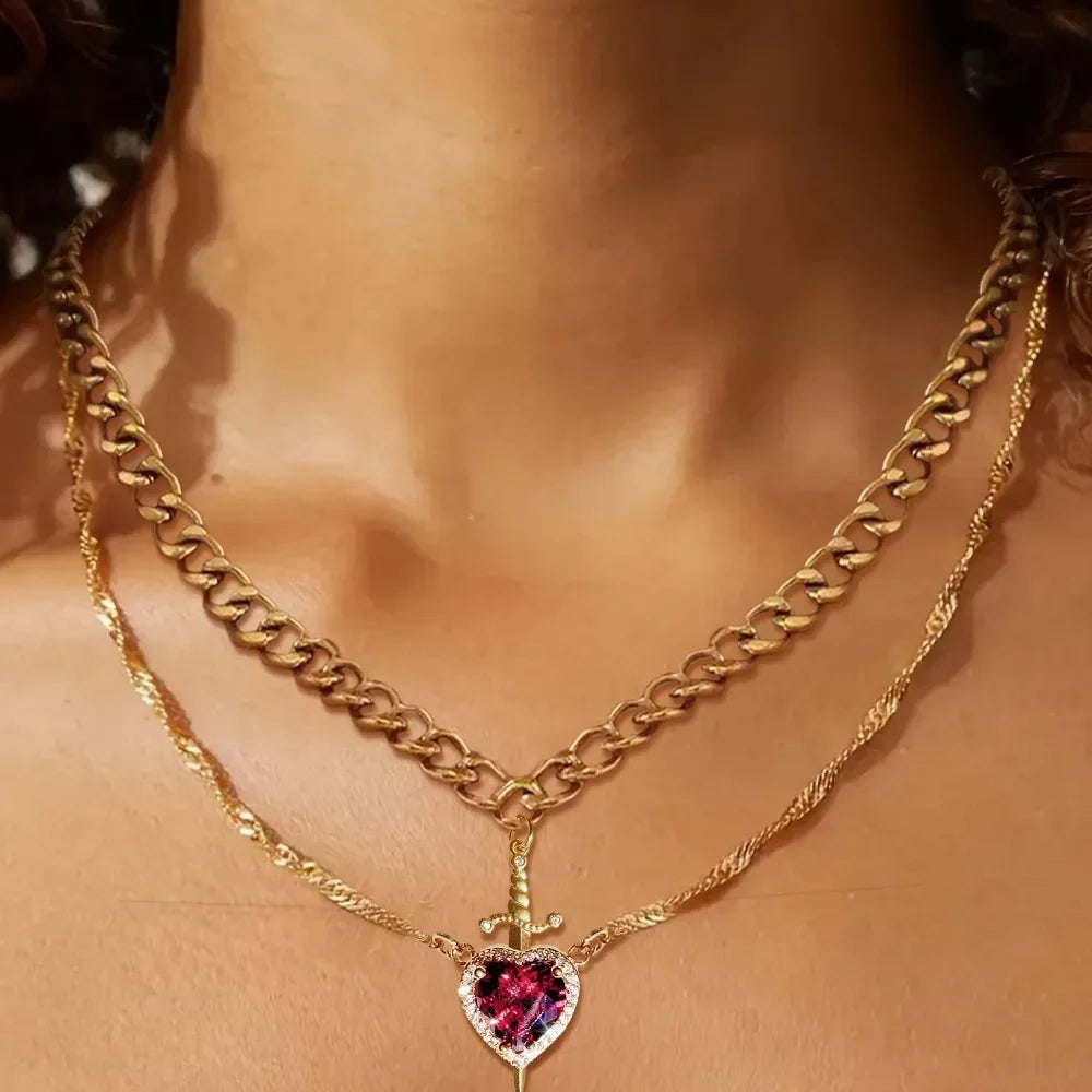 Snow White Inspired Heart & Sword Couple Necklace – Romantic Pendant Jewelry Gift for Women