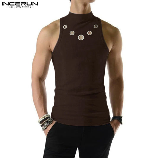 INCERUN Fashion Men's Tank Tops Hollow-Out Solid Turtleneck Sleeveless Vests for Men, Streetwear Summer 2024 Casual Clothing, Male T-shirtAvailable in S-5XL