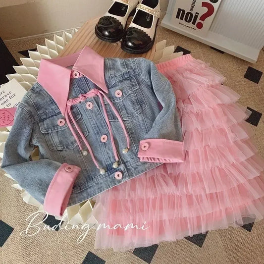 2025 New Fashion Baby Girls Set Infant Toddle Child Denim Jacket+Cake Skirt 2Pcs Suit Pink TuTu Dress Kids Baby Clothes 1-14Y