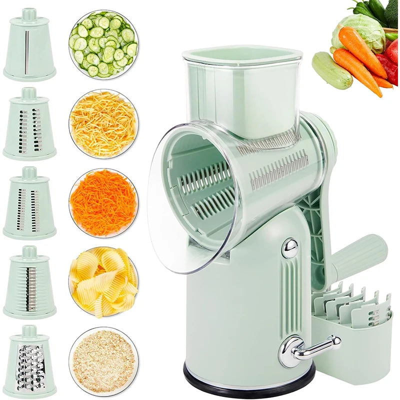 Rotary Cheese Grater with Hand Crank – 5-in-1 Kitchen Shredder & Slicer with Replaceable Stainless Steel Blades for Cheese, Vegetables & More