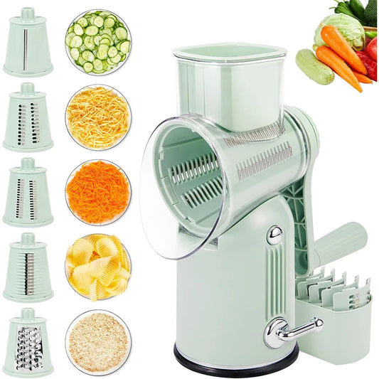 Rotary Cheese Grater with Hand Crank – 5-in-1 Kitchen Shredder & Slicer with Replaceable Stainless Steel Blades for Cheese, Vegetables & More