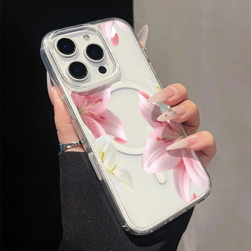 Pink Lily Cherry Blossom Magnetic Clear Phone Case for iPhone