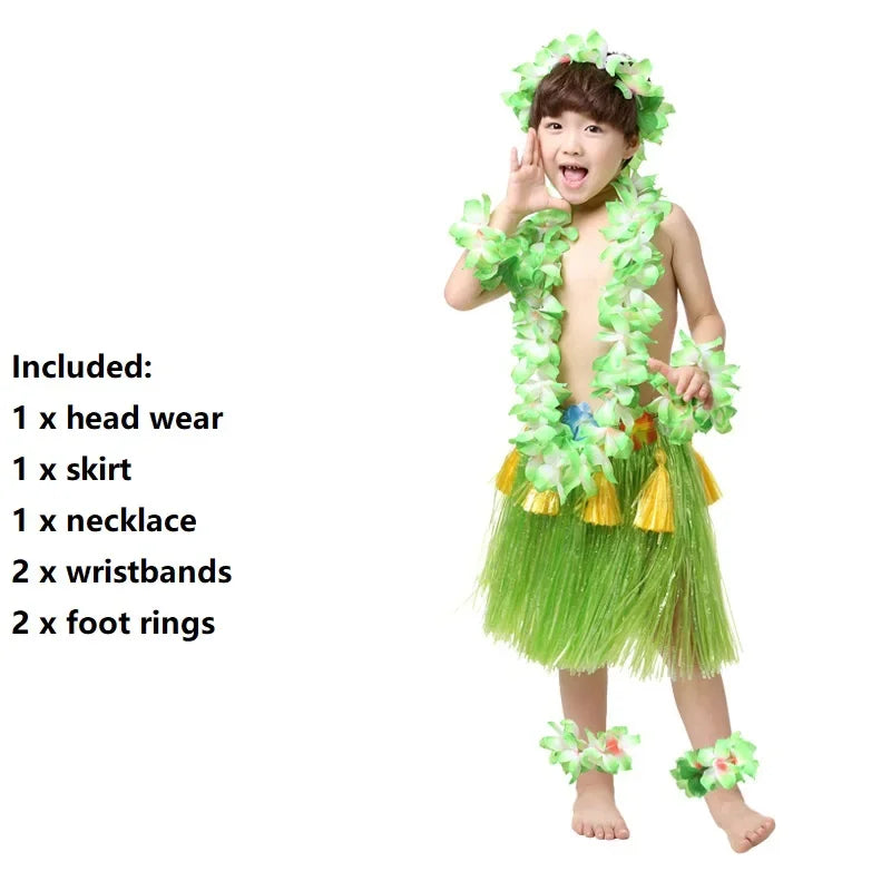 Hawaiian Hula Costume Set for Kids & Teens – Grass Skirt, Top, Flower Lei Necklace, Headband, Anklets & Bracelets (40 cm)
