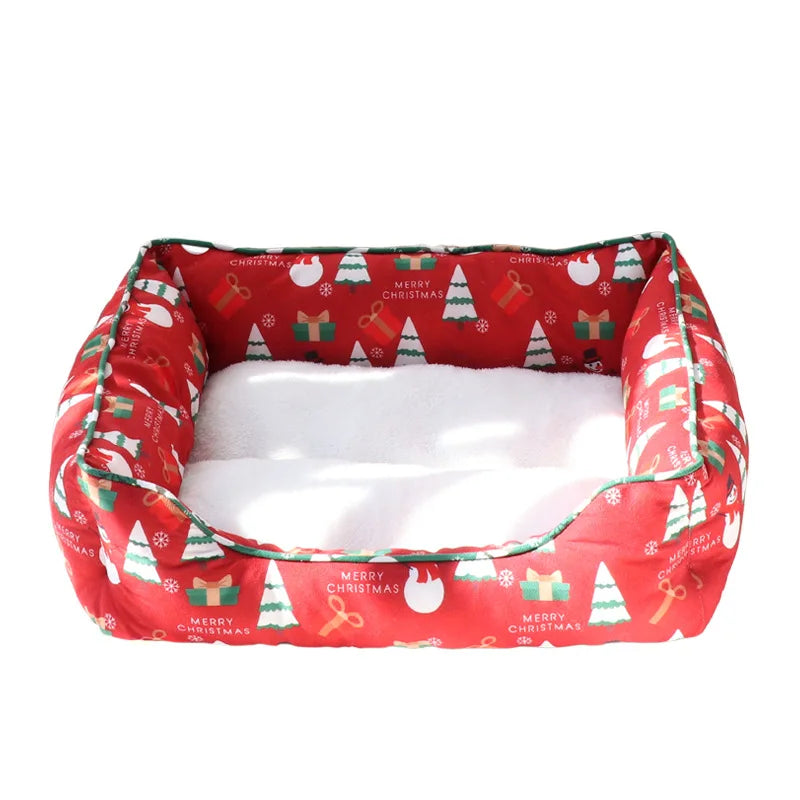 Christmas Cat and Small Dog Bed with Raised Bolster Sides and Soft Sleeping Cushion, Festive Indoor Pet Nest