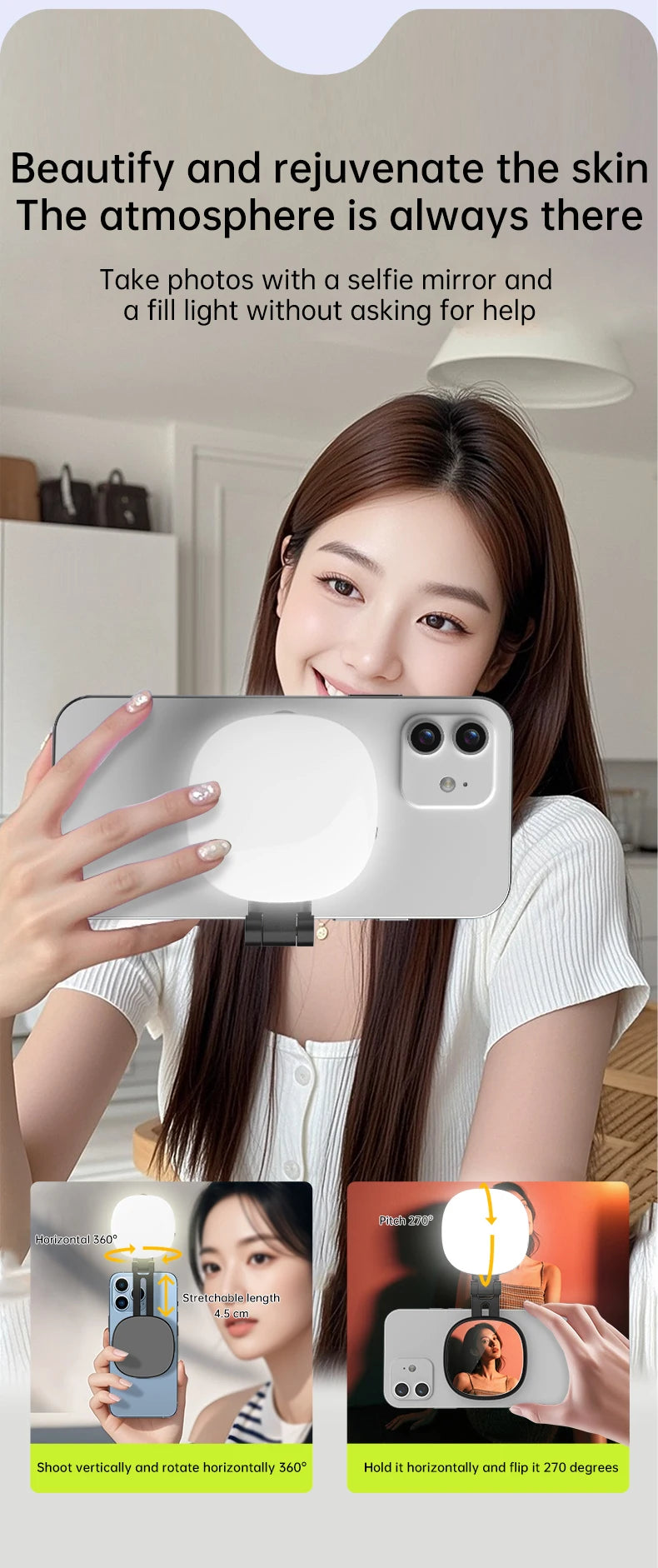 Magnetic Selfie Mirror Fill Light for Mobile Phones – Dual-Color Adjustable Reversible Stand