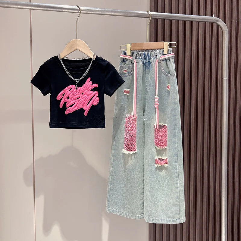 Cute Fashion Girls Autumn New 3D Spray Painted Graffiti Short Sleeved Colourful Denim DistresseD Set Children's StyliSh Wide Leg Pants