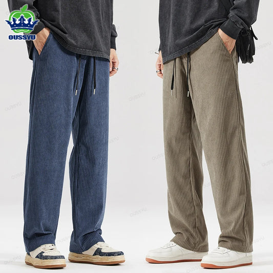 OUSSYU Men's Corduroy Pants – Autumn/Winter, Thick, Striped, Elastic Waist, Drawstring, Straight-Leg, Casual Outdoor Trousers