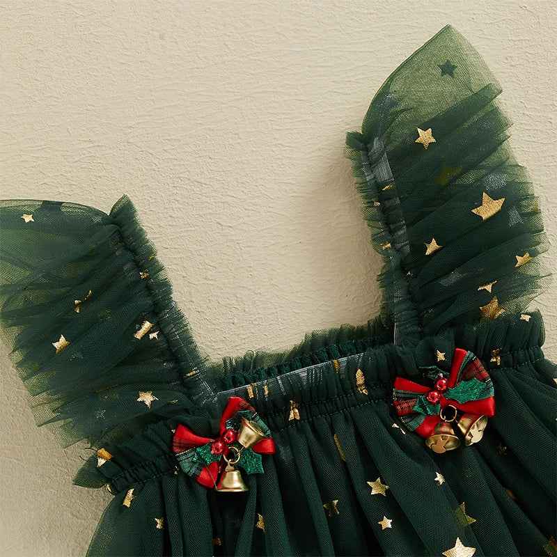 Infant Girl Christmas Romper – Princess Style Jumpsuit with Bells & Matching Headband