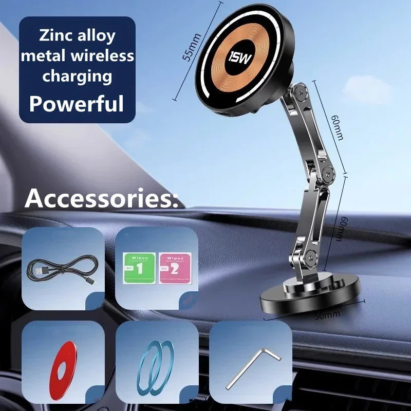 15W Magnetic Wireless Car Charger Mount – Strong MagSafe Phone Holder with 360° Rotation & Fast Charging for iPhone 15/14/13/12