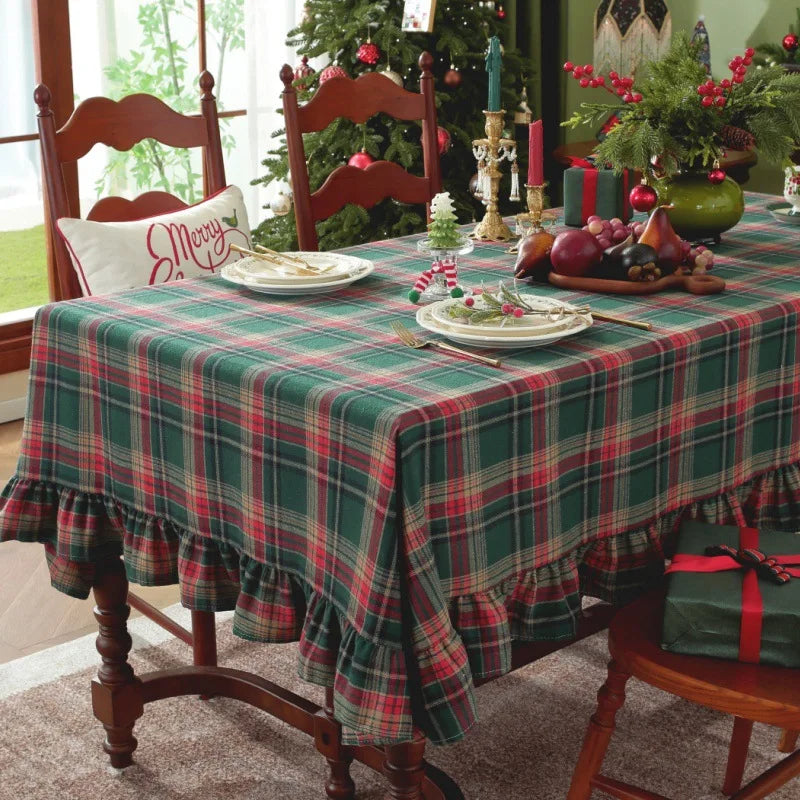 Holiday Plaid Tablecloth with Ruffle Trim – Christmas Dining & Party Table Cover