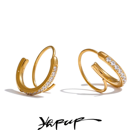 Stainless Steel Twisted Hoop Earrings with Cubic Zirconia for Women – Double-Look Design, Waterproof Fashion Jewelry