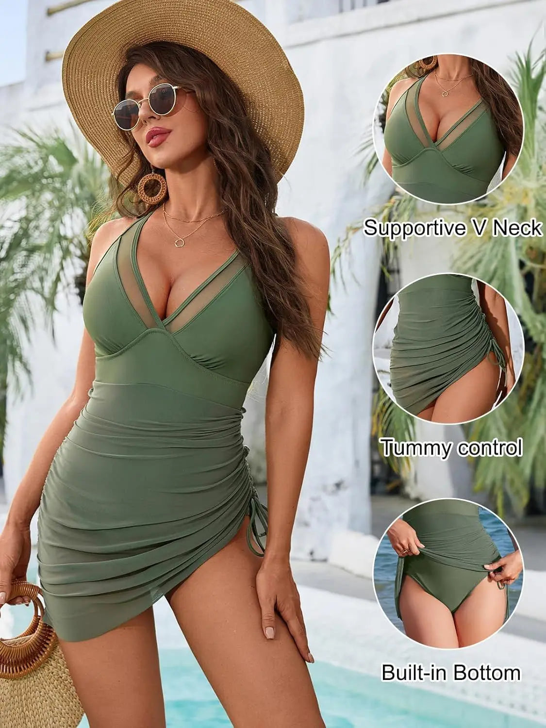 Women’s Mesh Drawstring Swimsuit – Solid Color Stylish Bathing Suit