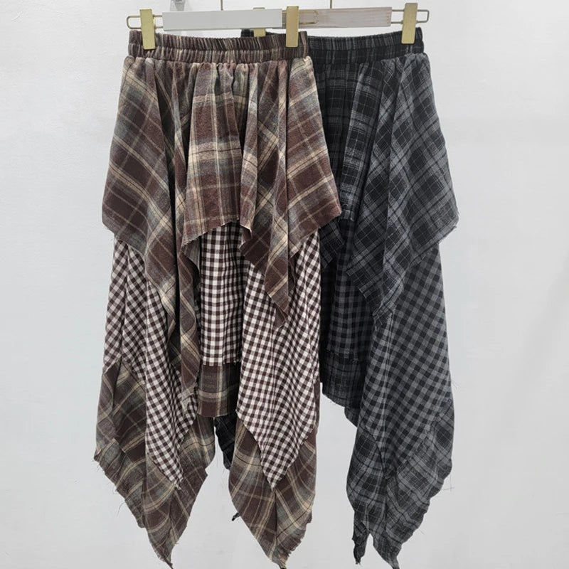 Irregular Plaid Patchwork Pleated A-Line Midi Skirt
