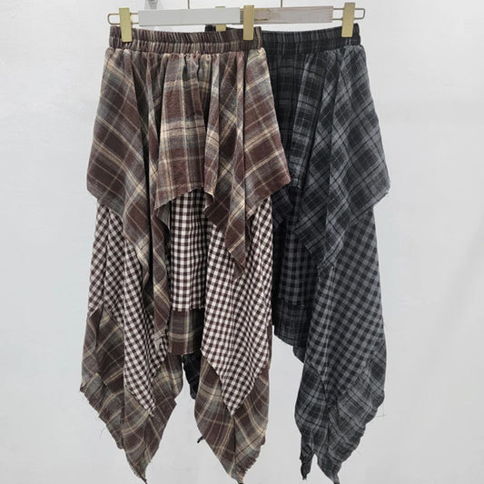 Irregular Plaid Patchwork Pleated A-Line Midi Skirt