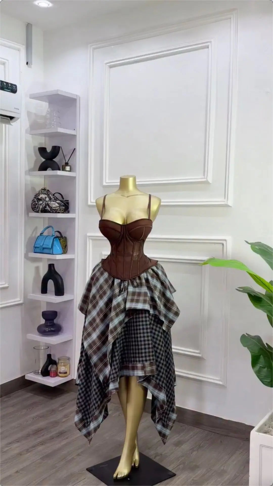 Y2K Retro Brown 2-Piece Mesh Bustier Top and Plaid Skirt Set