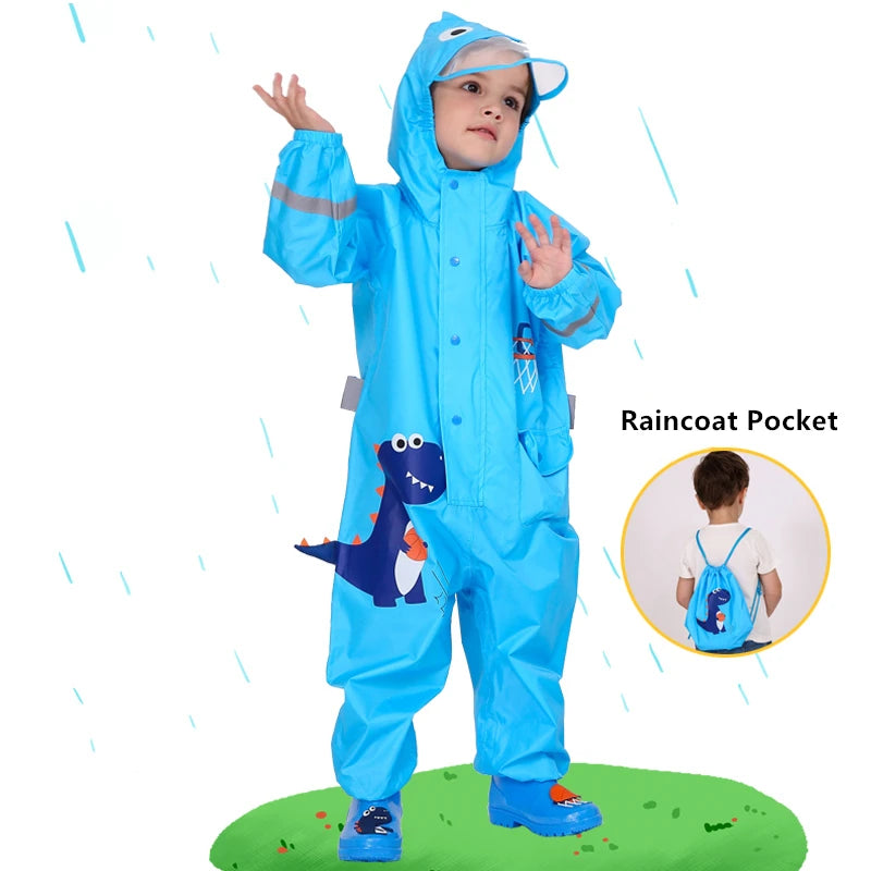 Children's Waterproof Rainwear Set – One-Piece Hooded Jumpsuit for Boys & Girls | Cartoon Dinosaur Design