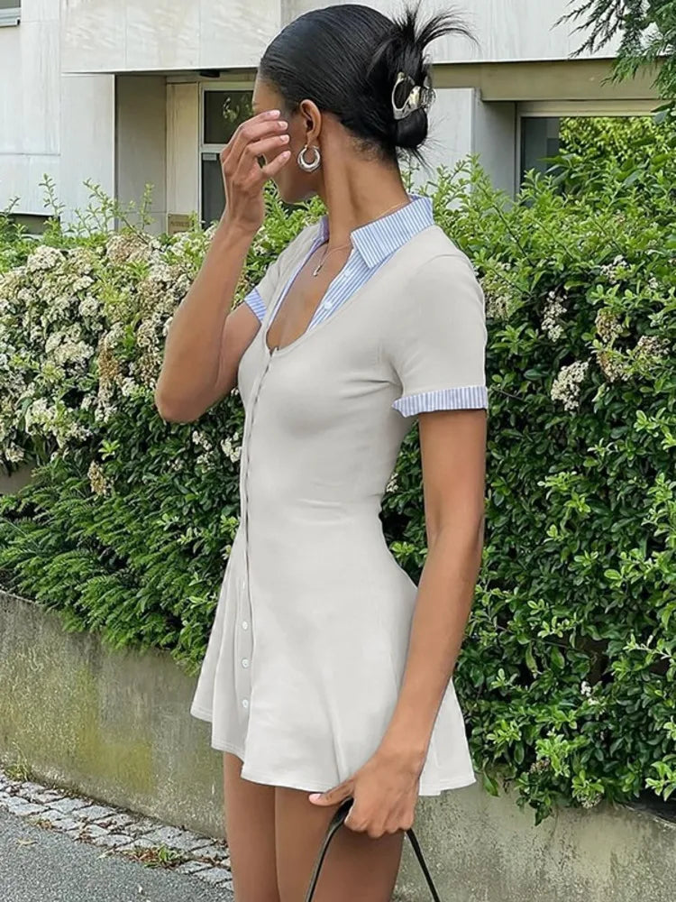 Short Sleeve Mini Dress – Square Neck Patchwork Striped High Waist Slim Fit Dress for Women