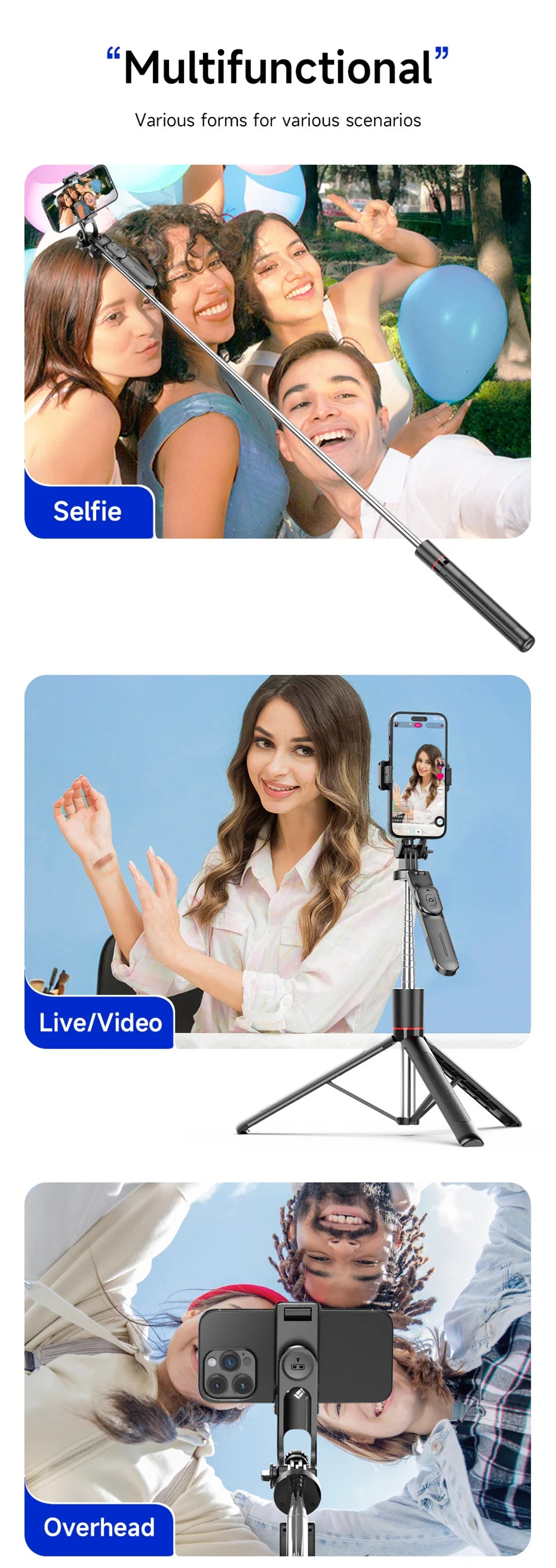 Wireless Selfie Stick Tripod with Bluetooth Remote and Fill Light