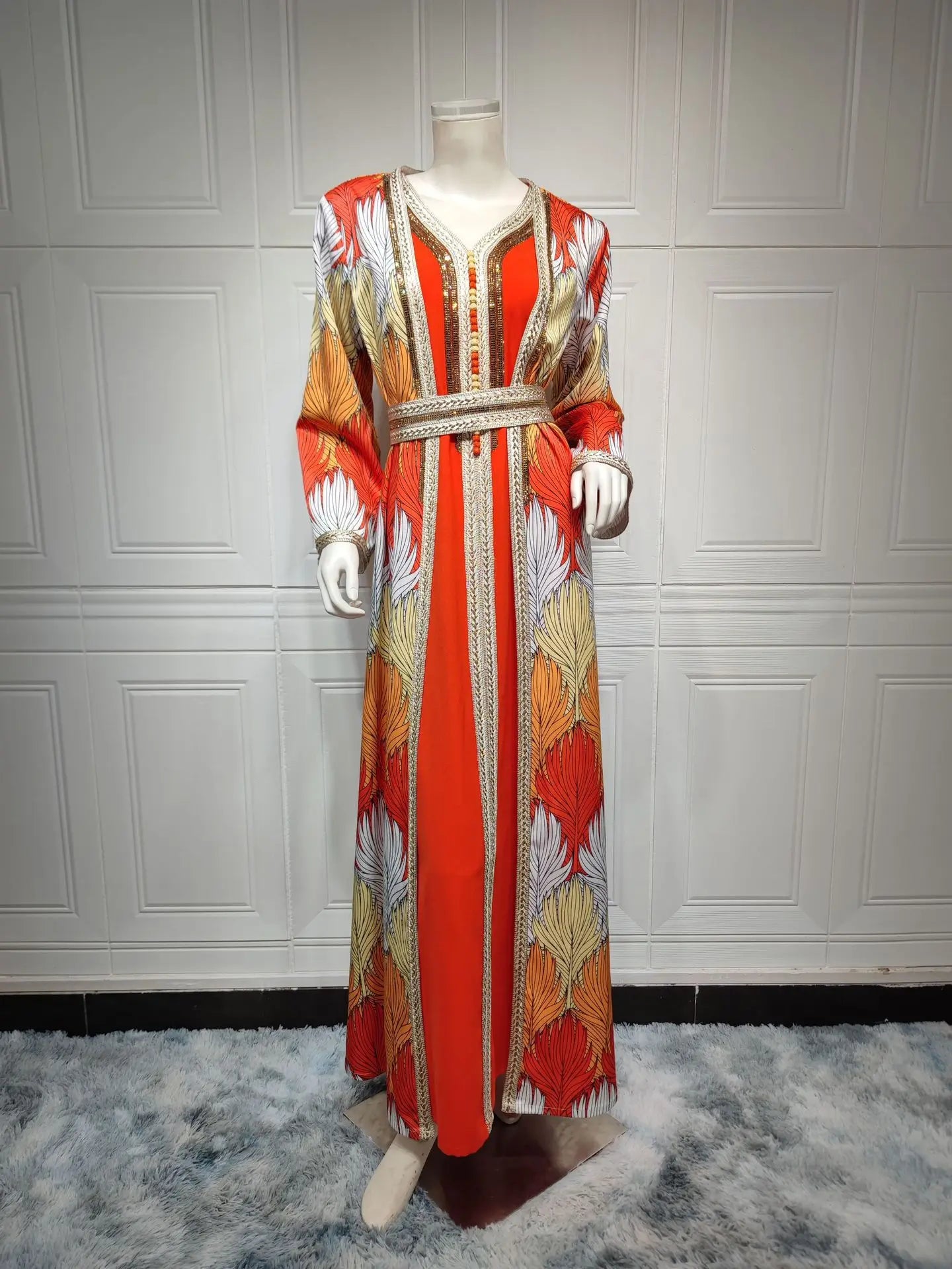 Long-Sleeved Jalabiya Set with Rhinestone Details and Woven Ribbon