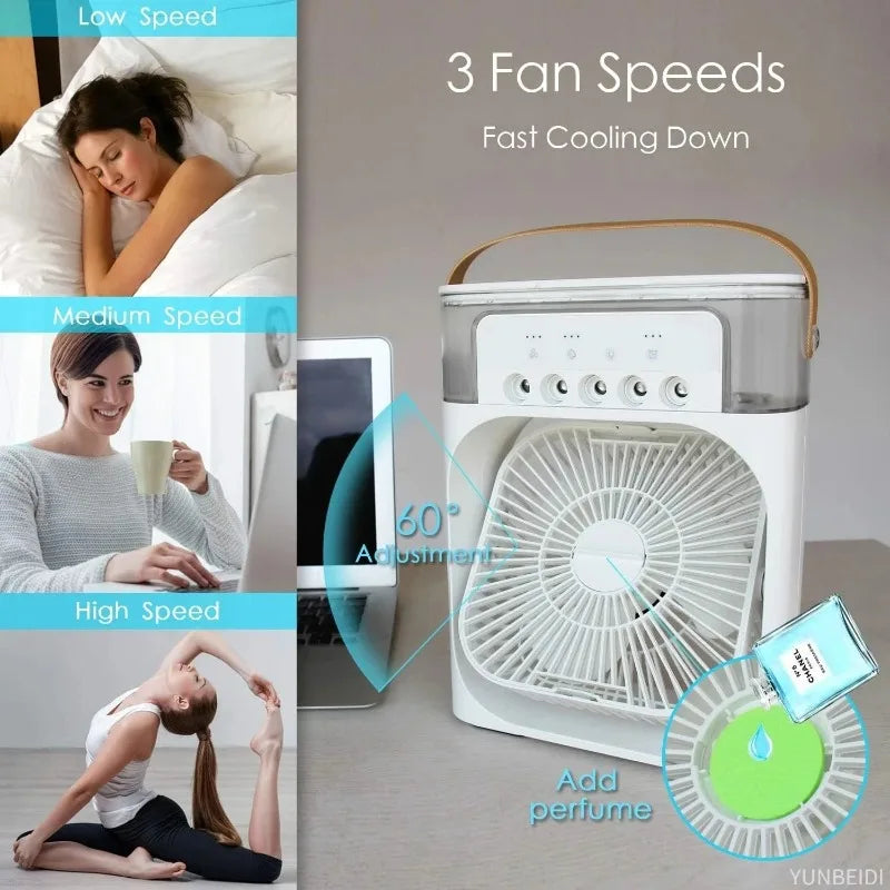 3-in-1 Desktop Air Cooler Fan with Humidifier, LED Light & Timer – Portable USB Spray Fan for Home & Office