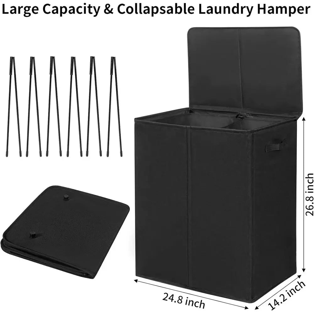 Double Laundry Hamper with Lid and 2 Removable Bags, Collapsible Divided Laundry Basket