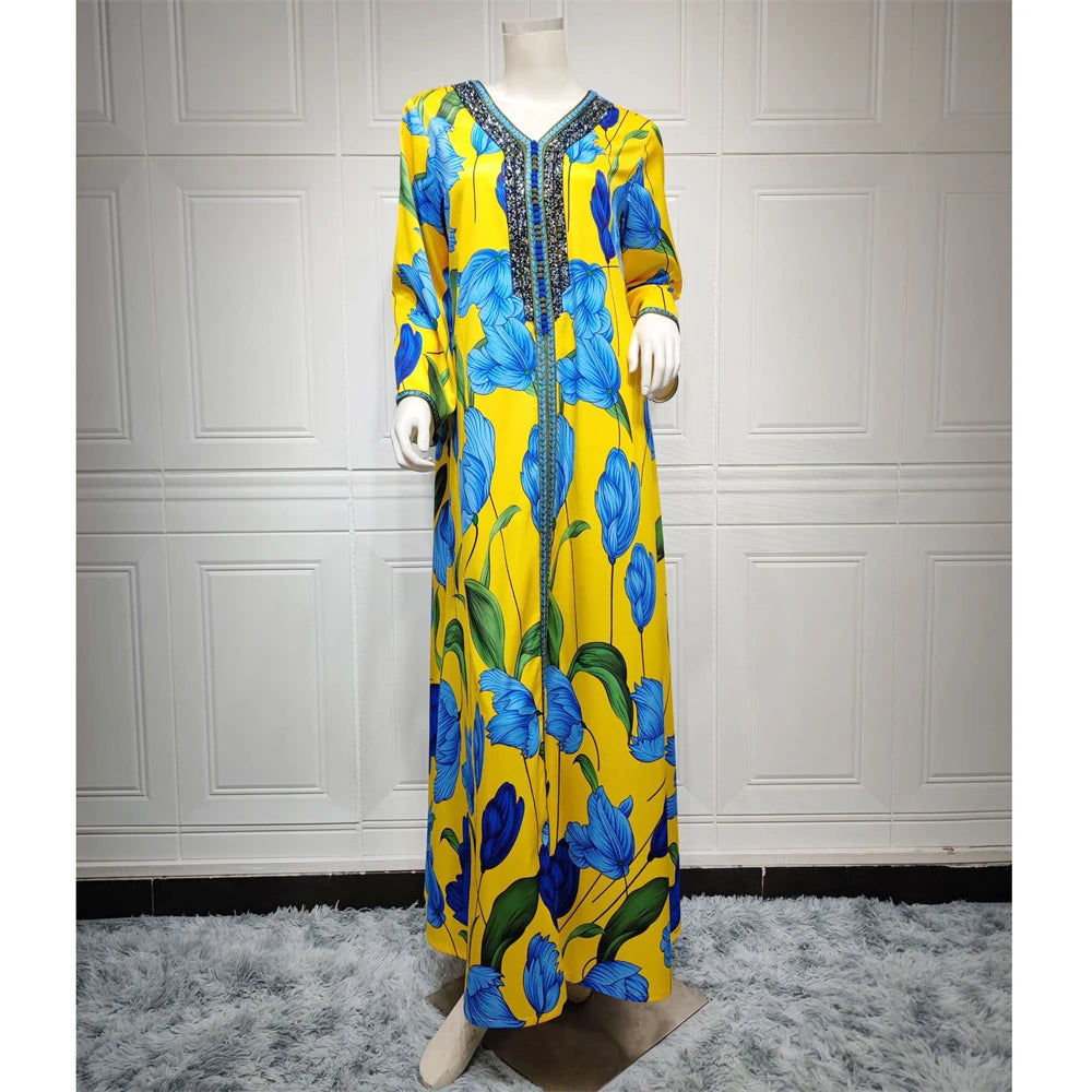 Elegant Ethnic Print Abaya Maxi Dress for Women – Muslim Jalabiya Modest Kaftan for Spring & Autumn