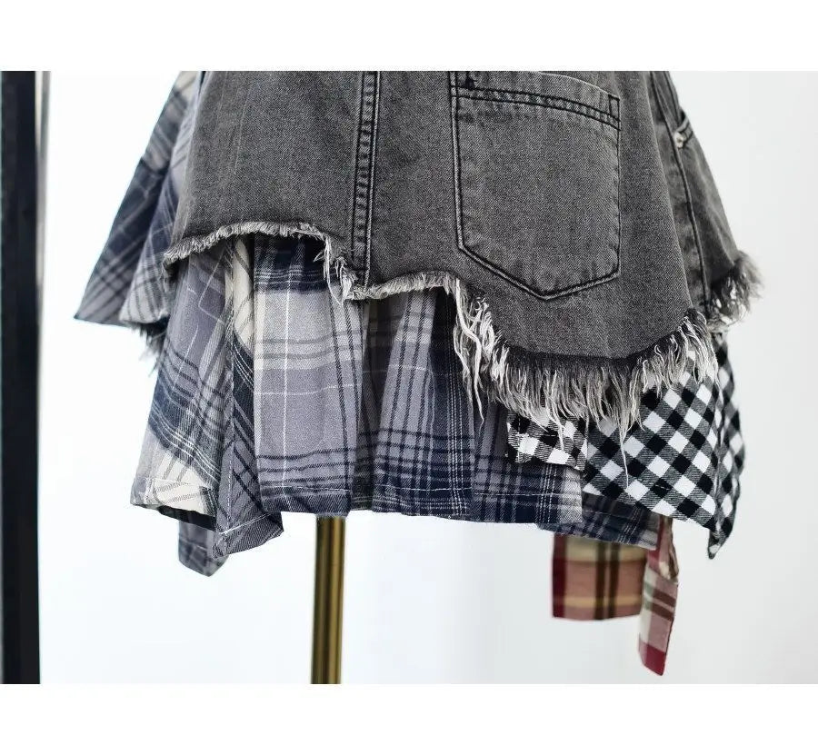 Vintage Plaid Denim Splicing Asymmetrical A-Line Mini Skirt