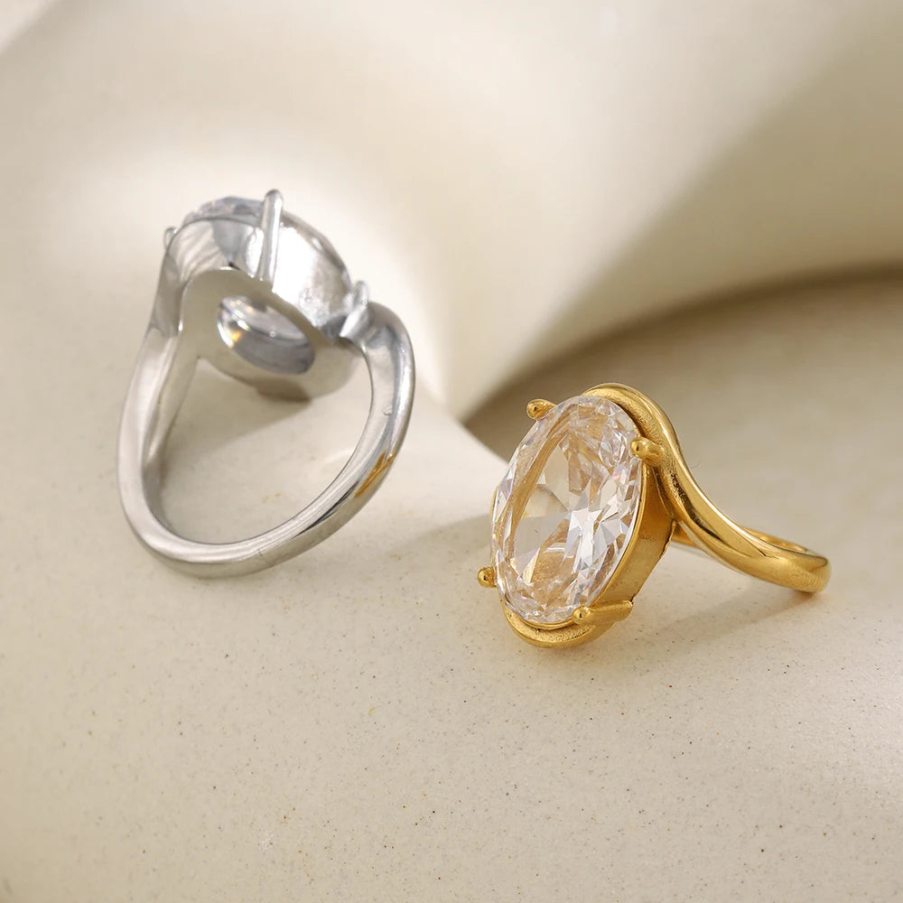 Elliptical Zircon Asymmetric Stainless Steel Women’s Ring – Gold Plated Fashion Jewelry