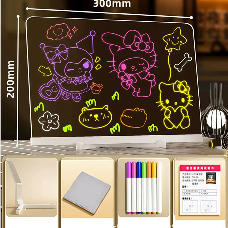 LED Acrylic Drawing Board for Kids – Glow Erasable Writing & Doodle Board with Stand, Reusable Memo Board, DIY Creative Toy, 7 Color Marker Pens