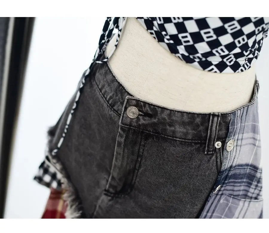 Vintage Plaid Denim Splicing Asymmetrical A-Line Mini Skirt