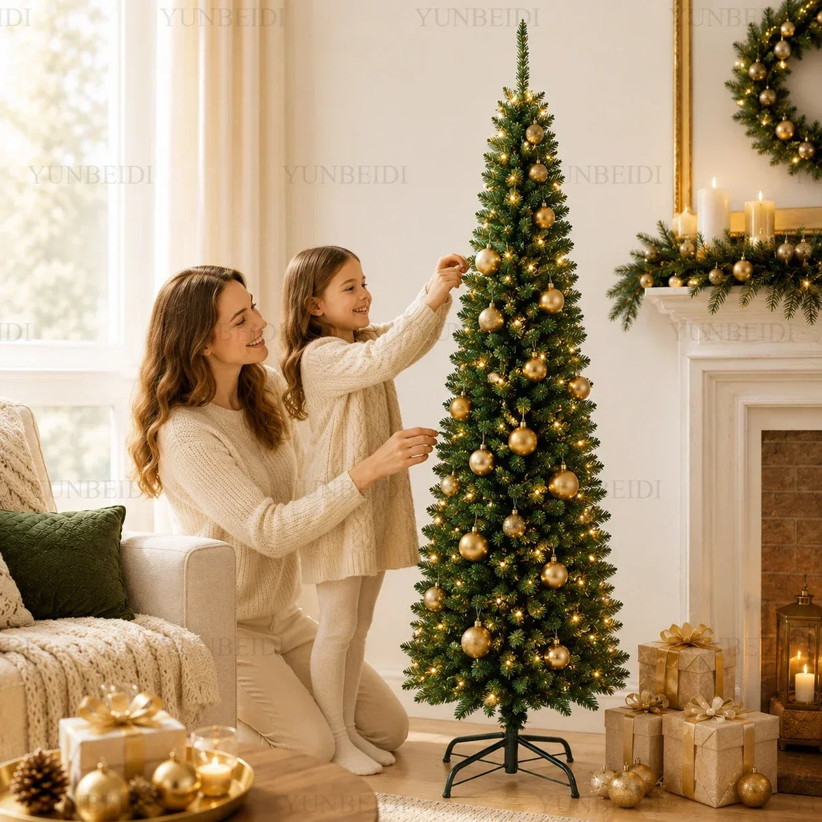 Slim Pencil Artificial Christmas Tree with Metal Stand, 120–210 cm Green PVC Tree with Optional Warm White USB Lights