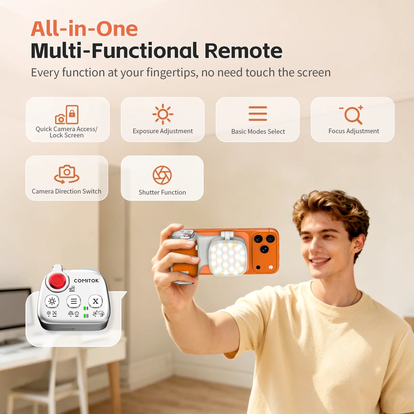 iPhone Camera Assistant with 1-Click Lens Flip Shutter Grip, Detachable Charging Remote, Optional Fill Light & Mirror for Smartphones