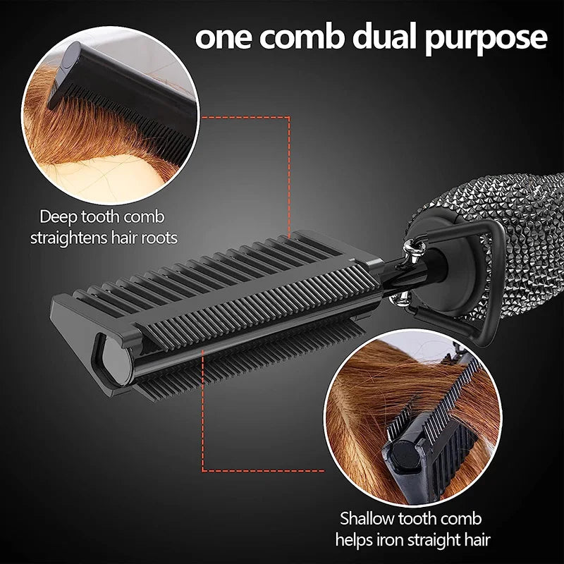 Electric Hot Comb Hair Straightener with Rhinestone Design and LCD Display