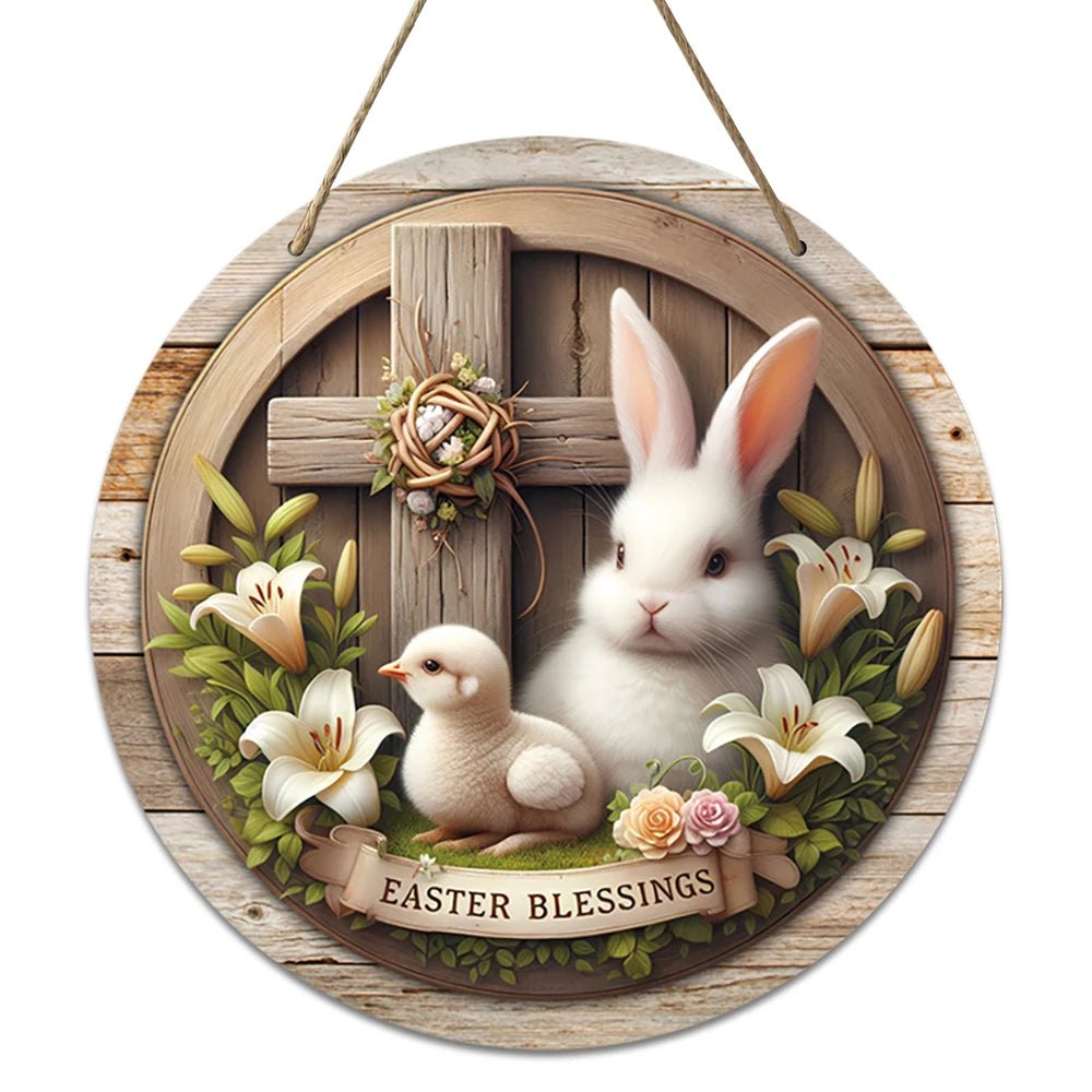 1pc 2D Rustic Easter Wooden Sign Bunny Rabbit Wood Welcome Sign for Easter Spring Holiday Front Door Home Wall Hanging Decor