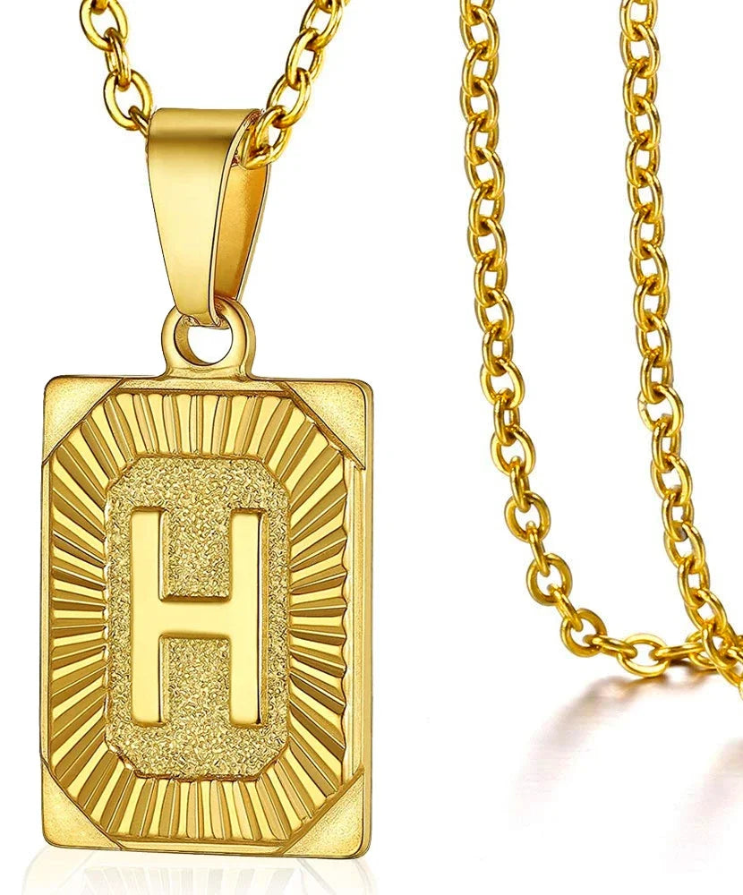 Initial Letter Pendant Necklace – Stainless Steel Cuban Link Chain, Square Charm Alphabet Necklace for Men & Women, Couple Gift Jewelry