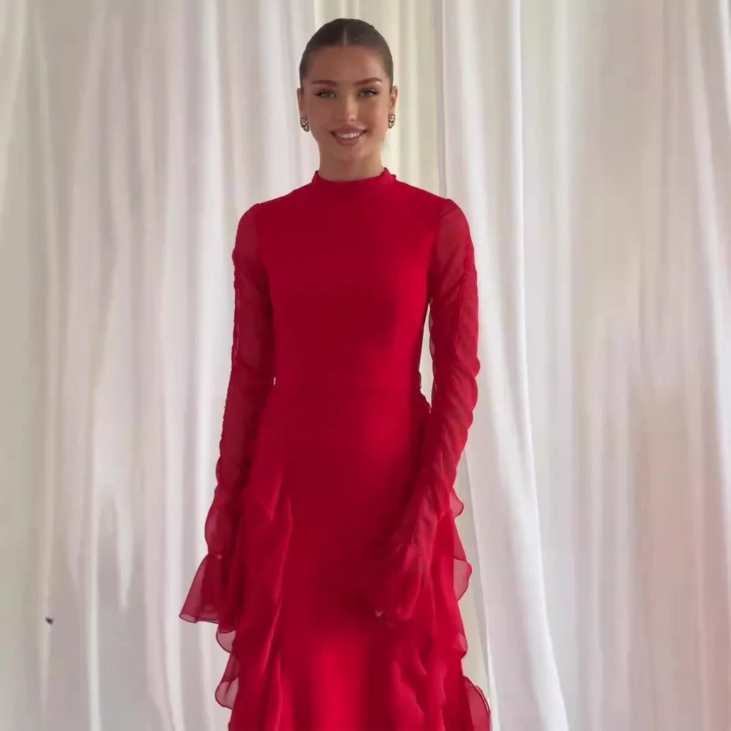 Eid Luxe Flow Gown – Elegant Modestwear Kaftan Inspired by Moroccan Jalabiya, Ruffle Trim Dubai Style Robe Dress for Women"