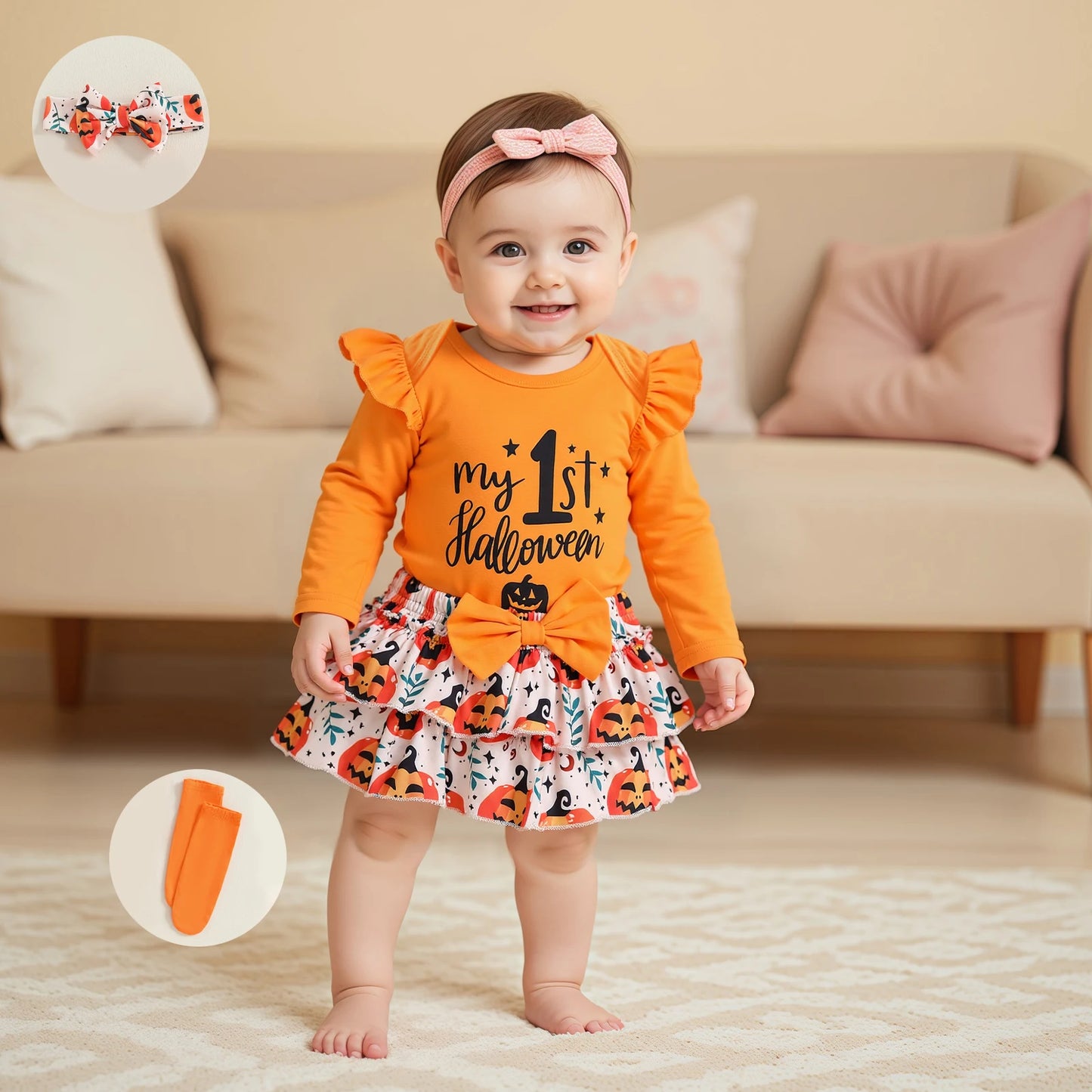 Baby Girls Halloween Outfit – Long Sleeve Romper, Ruffle Shorts, Headband & Socks Set