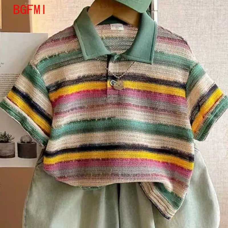 Kids Colorful Striped Polo Shirt & Shorts Set – Boys & Girls, Short Sleeve, Ages 4-6