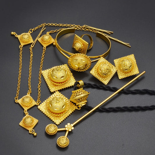 "Anniyo African Wedding Jewelry Set – Ethiopian Eritrean Necklace, Earrings, Bracelet, Ring, and Hairpin for Women, Bridal or Engagement"