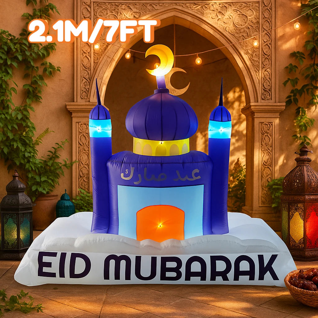Islamic Ramadan & Eid Inflatable Mosque Decoration with LED Lights, 7FT Outdoor Yard Ornament