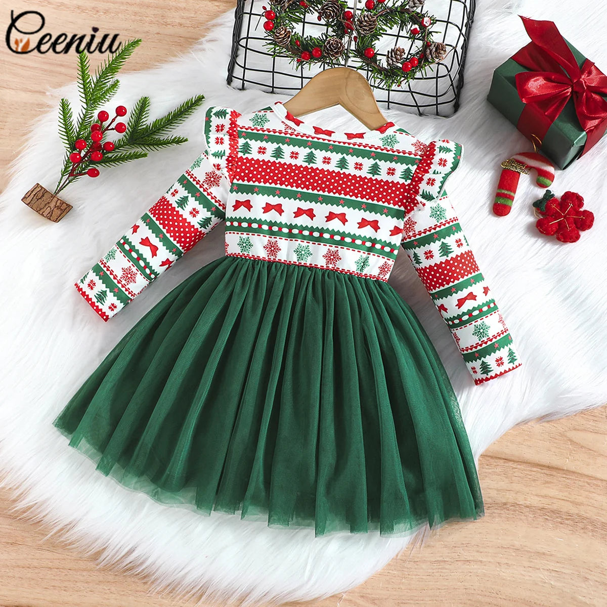 Baby Girl New Year Dress – Green Christmas Tree Print Outfit, “My First New Year” Costume for Newborns & Toddlers