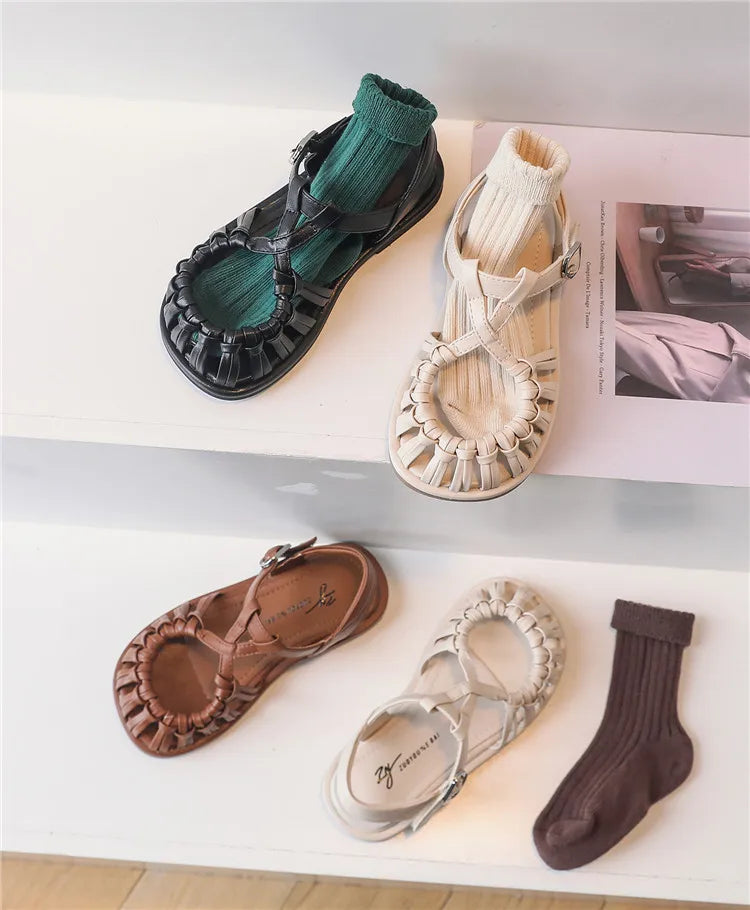 2025 New Summer Children Sandals Leather Cut-out Kids Sandals Soft Sole Non-slip Beach Shoes Fashion Girls Sandals 26-37